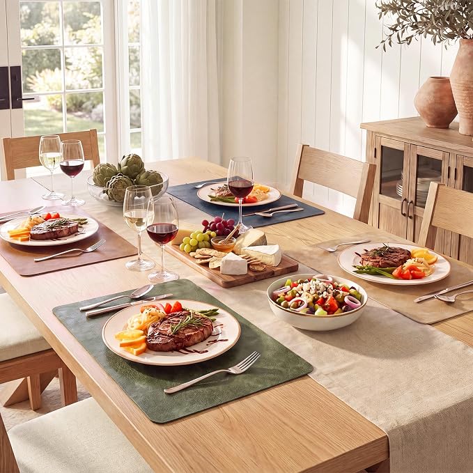 MOSAYT Vinyl Placemats Set of 4-12 X 17 Inch - Faux Leather 100% Waterproof Oil-Proof Wipeable PU Place Mats, Heat Resistant Reversible Table Mats for Kitchen, Dining, Outdoor, Multicolor