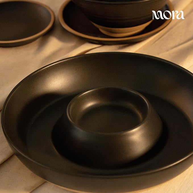 Mora Ceramic Chips and Dip Serving Tray: Large Divided Party Bowl Set for Chips & Salsa, Veggies & Dip, Fruit, Snacks, Entertaining, Hosting, etc. Minimalist Design for the Modern Hostess - Liquorice