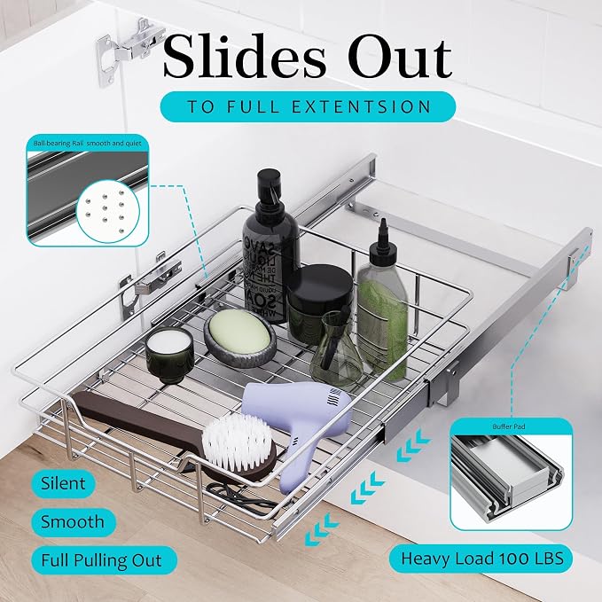 Pull Out Cabinet Organizer 11" W X 17" D, Chromed, Full Slide Out Drawers | For Kitchen Organizers and Storage, Pull Out Drawers For Cabinets Capacity Heavy Duty Caddy, Cabinet Shelves, Bathroom Pantry
