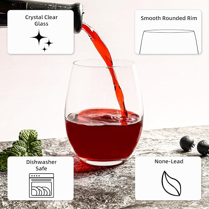 Set of 8 - Stemless Wine Glasses, 15 Oz Smooth Rim Standard Wine Glass Tumbler for Red, White Wine, Dishwasher Safe