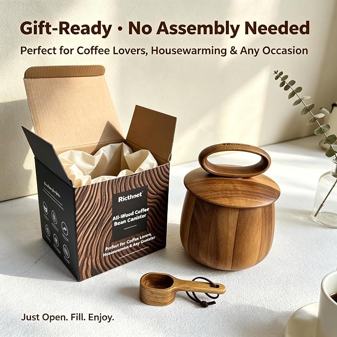 All-Wood Coffee Bean Canister – 98oz Jar with Airtight Silicone Seal & Gift Box – Coffee Storage, Countertop Decor
