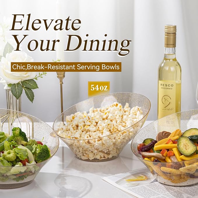 16PCS Gold Plastic Serving Bowls - 54 OZ Angled Table Salad and Fruit Bowls Disposable for Chip & Candy - Ideal for Party & New Year