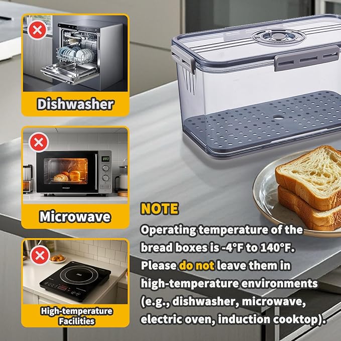 Airtight Bread Box for Kitchen Countertop, Gray, 2 PCS | Time Recording Dial, Multi-Use Food Storage, Container with Lid, Draining Tray, For Homemade Bread, Sourdough, Toast, Cookies