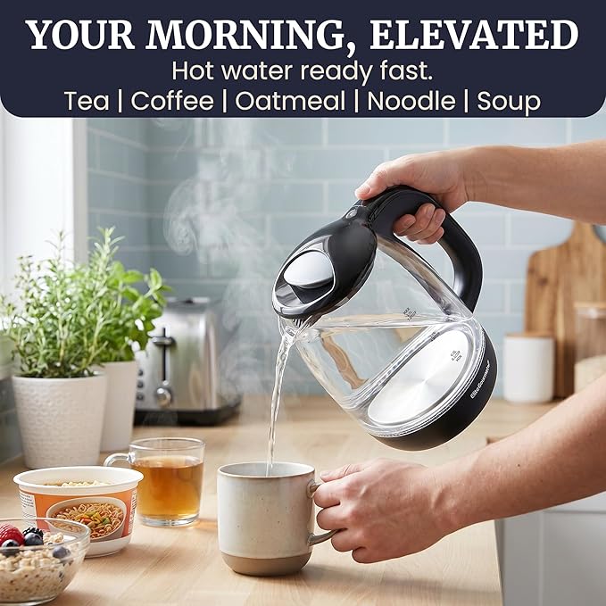 Elite Gourmet EKT1792 1.7L Glass Kettle, Blue LED, Rapid Boil, 7.2 Cups | Auto Shut-Off, Boil-Dry Protection, 360° Cordless Base, Hot Water for Tea, Coffee & Oatmeal