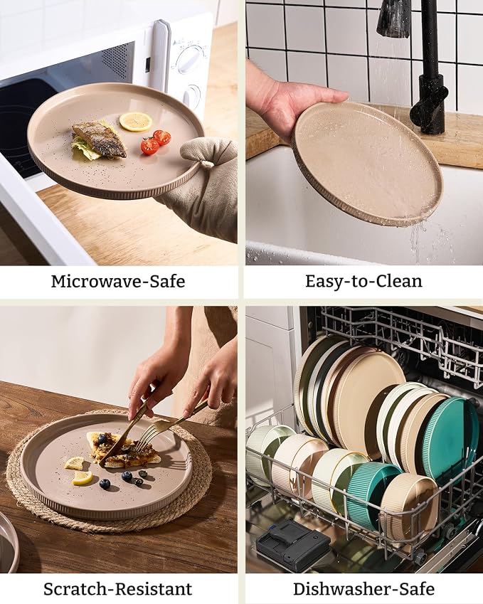 Famiware Stoneware Dinnerware Set for 8, Rimmed Plates, Bowls, Brown Dishes | 24-Piece Ceramic Dishes, Chip & Scratch Resistant , Microwave & Dishwasher Safe, Everyday Dining, Modern Rustic, Lipped Edges