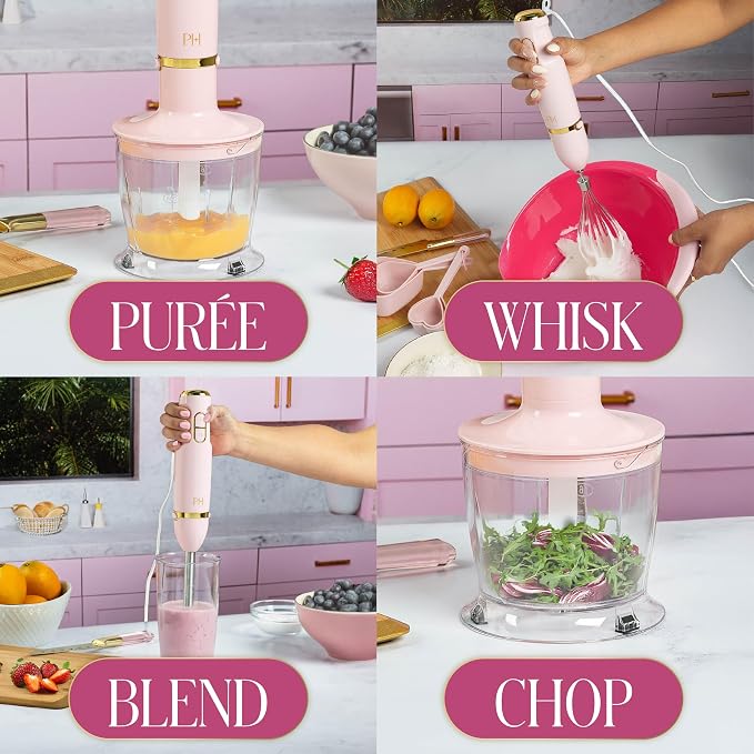 Paris Hilton Hand Blender Set, 3-in-1 Immersion Blender with Whisk, Blending & Chopper Attachments, 400W High Speed, Pink with Gold Accents, Handheld Blender for Smoothies, Soups, Sauces, Cream, Pink
