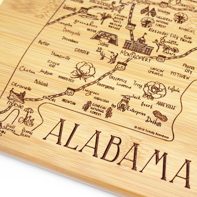 Totally Bamboo A Slice of Life Alabama Engraved Map Cutting Board | 11” x 8.75” charcuterie board with engraved state map artwork. Smooth reverse side for food prep. Hang tie for wall display.