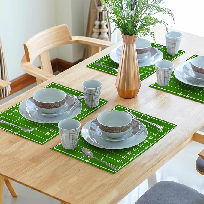 Football Placemats Set of 6 18x12 Inch Football Field Sport Themed Linen Place Mats Heat-Resistant Washable Wipeable Green Table Mat for Party Kitchen Dining Room Dinner Table Decor