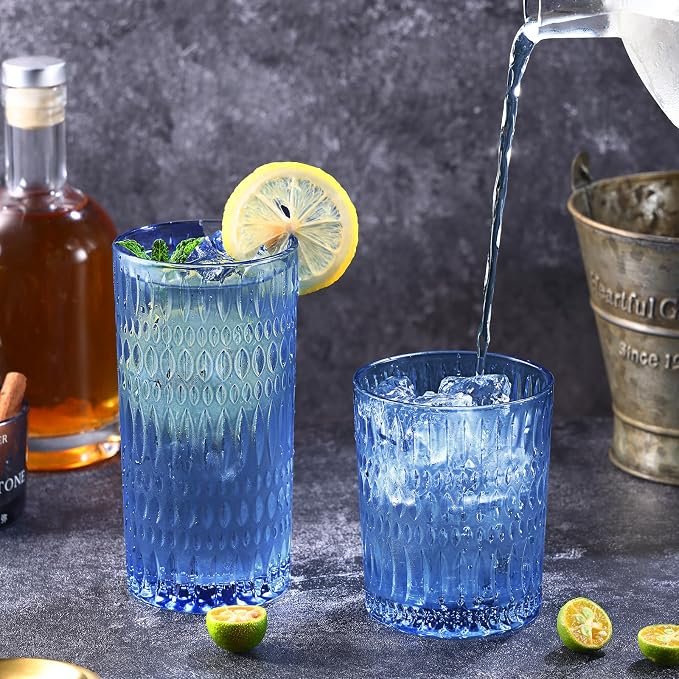 Loivttvv Glassware Drinking Glasses Set of 8, 14 oz Highball Glasses & 10 oz Ribbed Glass Cups, Vintage Glassware for Water, Juice, Cocktail, Whiskey (Blue)
