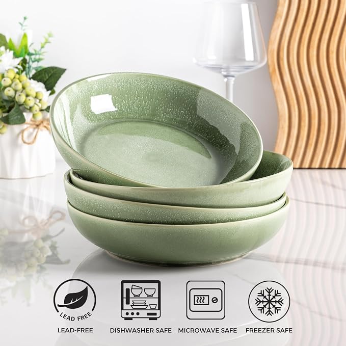 AmorArc 8.5’’ Ceramic Pasta Bowls Set of 4, 36oz Large Stoneware Bowls Set | Large Dinner Serving Bowls Set, Wide Bowl Plate for Pasta,Salad, Soup, Microwave Safe, Reactive Glaze-Olive Green