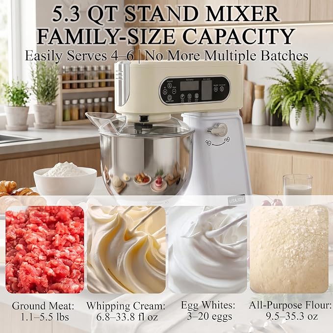 5.3 Qt Tilt-Head Stand Mixer, 9-Speed Electric Food Mixer | 9-Speed Control, Stainless Steel Bowl, Dough Hook Whisk Flat Beater, Splash Guard, Easy Clean, for Home Baking, Almond Cream