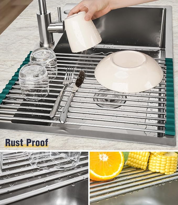 Tomorotec Roll Up Dish Drying Rack Over Sink,304 Steel,17.7x12.5,DarkGreen | Anti-Slip Silicone Rims For Grip, Heat-Resistant Trivet Mat Holding Heavy Cookware, Rustproof Kitchen Counter Space Saver