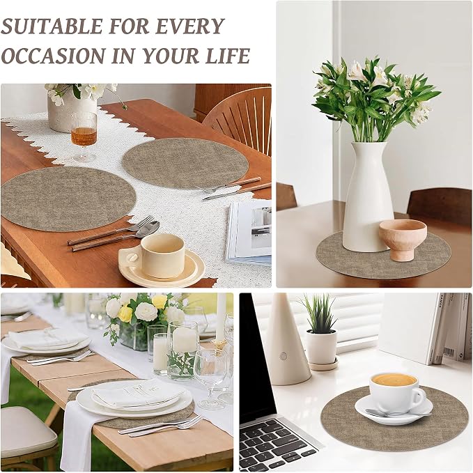 13" Round Placemats Set of 12, Reversible Faux Leather Wipeable Table Mats | 2mm Vinyl Heat Resistant Waterproof Oilproof Scratch Proof Non-Slip Washable for Kitchen Dining Indoor Outdoor (Light Coffee)
