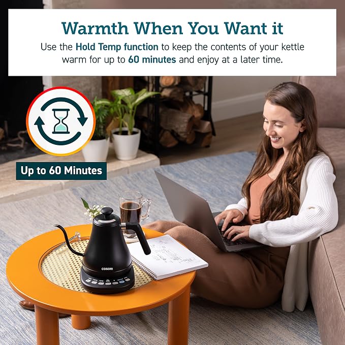 Cosori Smart Gooseneck Electric Kettle, App & Temperature Control, 0.8L | No Plastic Contact with Water, App Control, 4 Presets & Custom Temp (104–212°F), 60-Min Keep Warm, Pour Over Coffee & Tea