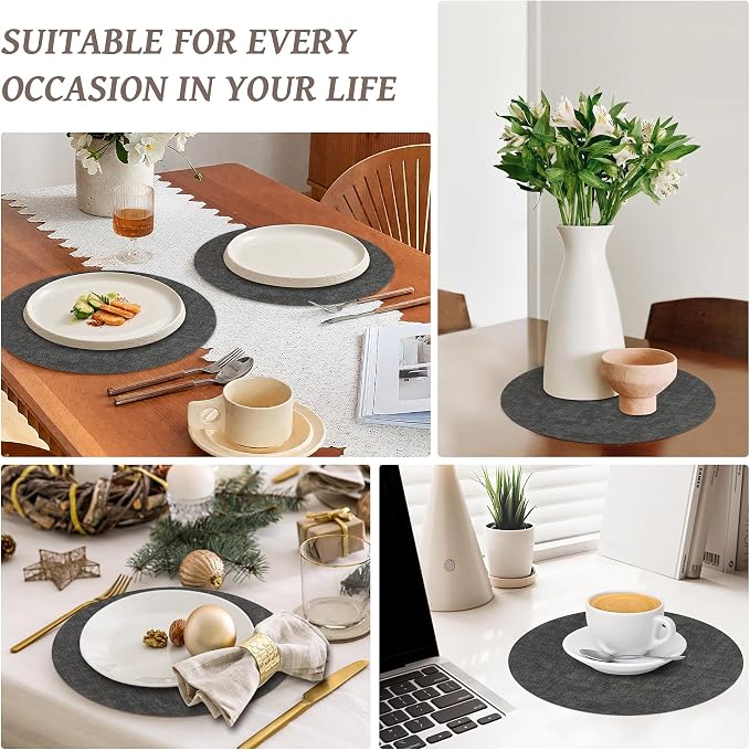 13" Round Placemats Set of 4, Reversible Faux Leather Wipeable Table Mats | 2mm Vinyl Heat Resistant, Waterproof Oilproof Scratch Proof Non-Slip, Washable for Kitchen Dining Indoor Outdoor (Deep Gray)