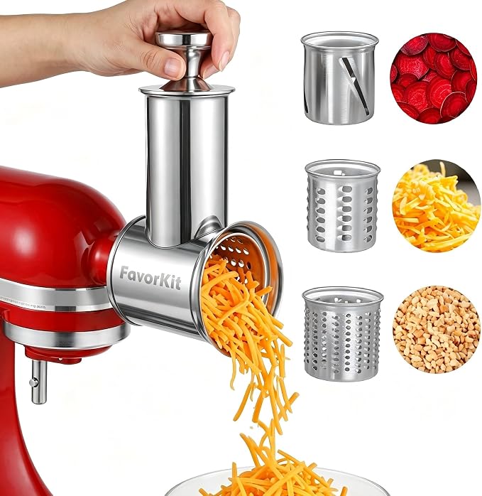 FavorKit Chesse Grater Slicer Shredder Attachment for Kitchenaid Mixers | 100% Stainless Steel Salad Maker Accessory, 60mm Large Feed Chute, EasyClean Dishwasher Safe,Save Time-2LB potato only 1min.