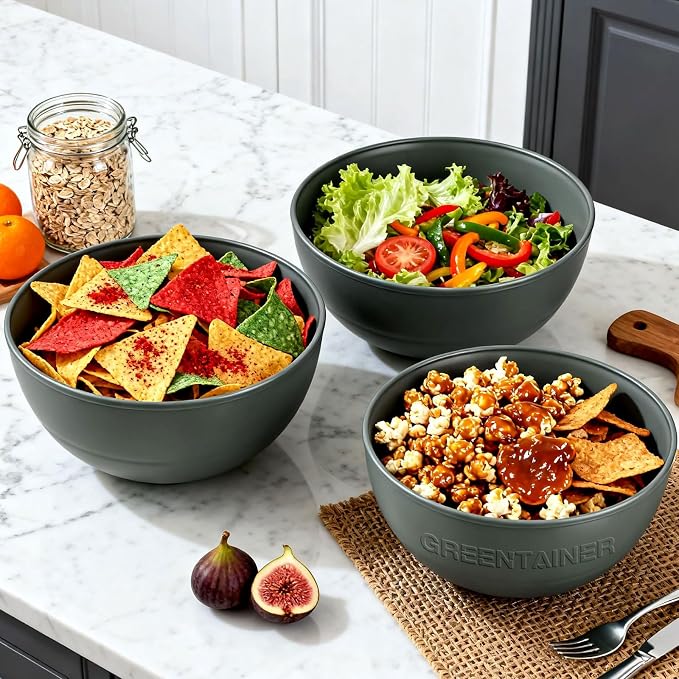 Greentainer 3 Pack Large Plastic Bowls, 135oz Plastic Salad Bowls - Reusable Serving Bowls for Party, Picnic, Entertaining, Kitchen & Outdoor, Microwave & Dishwasher Safe (Grey)