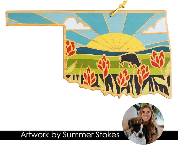 Totally Bamboo Oklahoma State Shaped Cutting Board, Summer Stokes Art | State charcuterie board with colorful hand-drawn landscape art. Smooth reverse side for food prep. Hang tie for wall display.