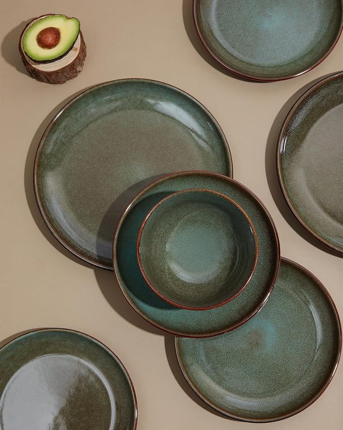32 Piece Double Bowl Dinnerware Sets with Pasta Bowls, Highly Chip and Crack Resistant Plates and Bowls Sets, Natural Earthyware Ceramic Dishware Sets, Service for 8 Brown Green