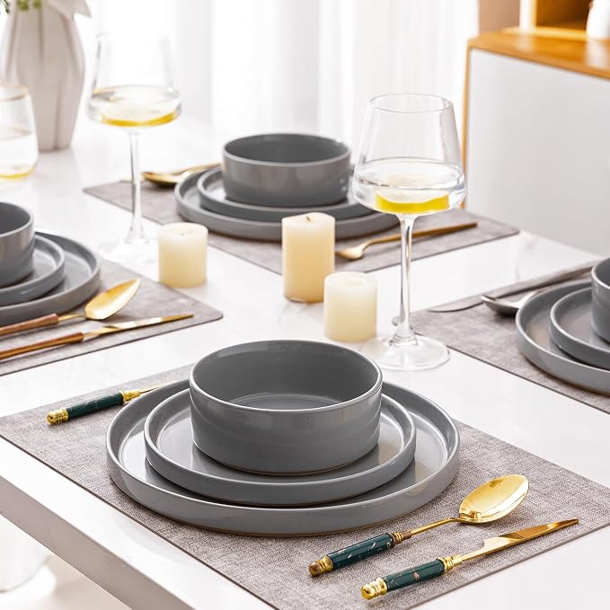 AmorArc Stoneware Dinnerware Sets for 8,24Pcs Plates and Bowls Set | Handmade Ceramic Dish Set,Dishwasher & Microwave Safe,Scratch Resistant-Gray