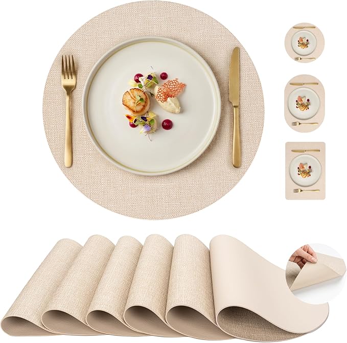 Faux Leather Placemats Set of 6, Wipeable Waterproof Stain Resistant Table Mats, Heat Resistant Thick Placemats with Hand-Painted Edges for Kitchen Dining, Imitative Linen Texture, Various Shapes
