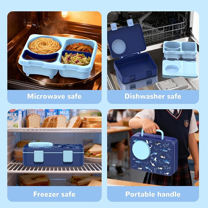 Kids Insulated Lunch Box with 8OZ Thermo Food Jar | Leakproof Bento Box with Ice Pack Sauce Cup Utensils Removable Tray & Dividers for School Daycare Travel, Sharks