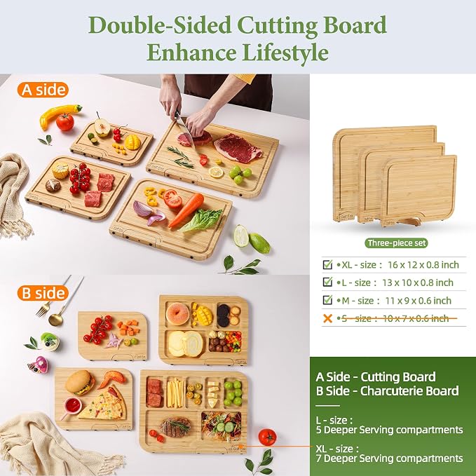Golffox Wood Cutting Board Set, Bamboo Chopping & Charcuterie for Kitchen | Non Toxic Bamboo Cutting Board with Stand, Built-in Handles, Deep Juice Grooves, for Meat, Vegetables, Cheese & Fruits