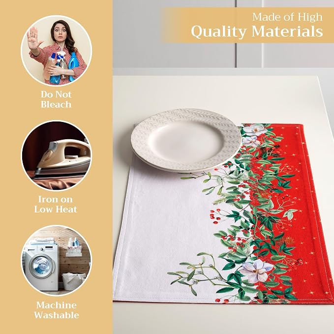 Maison d' Hermine Placemats Set of 4 Reusable 100% Cotton (13"x19") | Cloth Place Mats Washable Table Mats for Kitchen Dining Party Wedding Hotel Home Thanksgiving Christmas - Noel