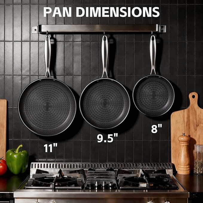 Ammeloo Hybrid Tri-Ply Stainless Steel Frying Pan Set, 8"/9.5"/11" Cooking Pans, Non Stick Frying Pans and Skillets, Chef Pan, Non Toxic, Dishwasher Safe, Induction Compatible, Black Interior