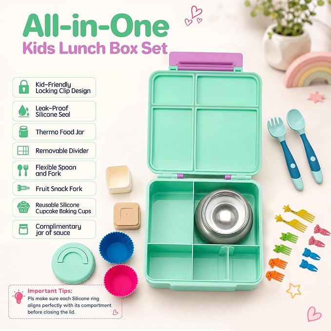 JSLOVE Bento Lunch Box with Leak Proof Thermos Food Jar for Kids, Food Lunch Containers for Girls with 4 Compartments, BPA-Free with Utensils, Food Picks, Sauce Jar & Silicone Lunch Box Dividers