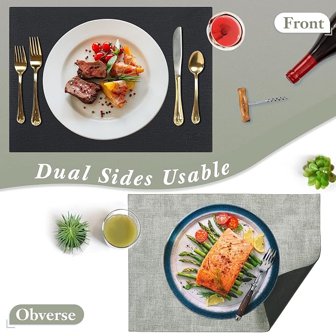 Leather Placemats Table Mats Set of 6, Black & Gray | Reversible Non-Slip Table Placemats, Heat-Resistant and Waterproof for Dining Kitchen and Holiday Parties