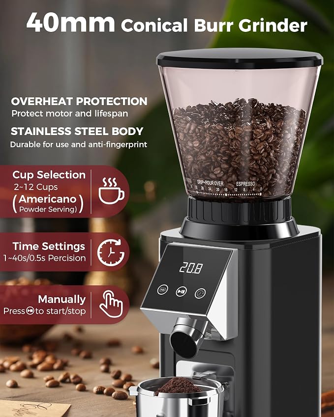 Tuni G1 40mm Conical Burr Coffee Grinder with 48 Grind Settings, Black | Anti-static Burr Mill, Precision Electronic Timer & LED Touchscreen for Espresso/Drip/Cold Brew/French Press, Stainless Steel
