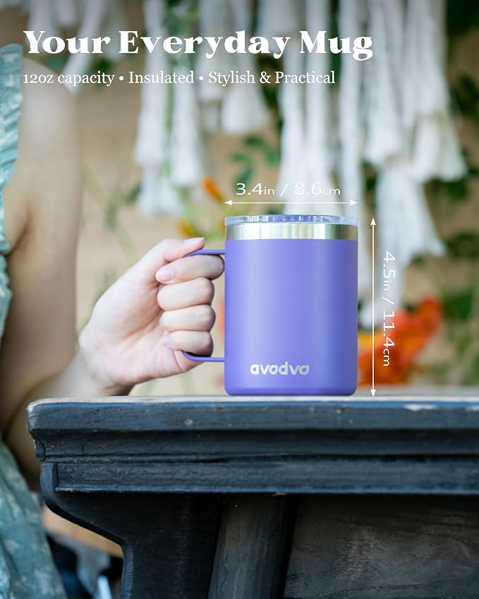 12oz Insulated Coffee Mug with Lid – Includes Two Lids, Stainless Steel Coffee Travel Mug with Handle, Double Wall Vacuum Insulated Camping Mug for Home, Office & Outdoor, Dark Purple