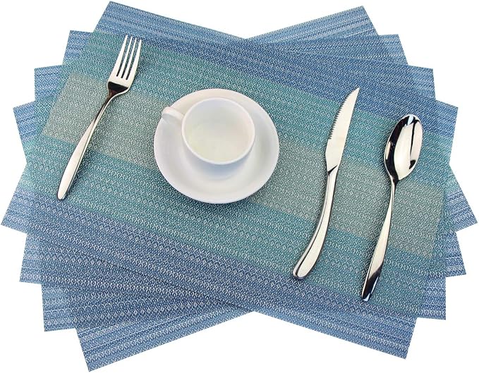 Placemats Washable Easy to Clean PVC Placemat for Kitchen Table Heat-resistand Woven Vinyl Hard Table Mats 12x18 inches Set of 4 (Blue)
