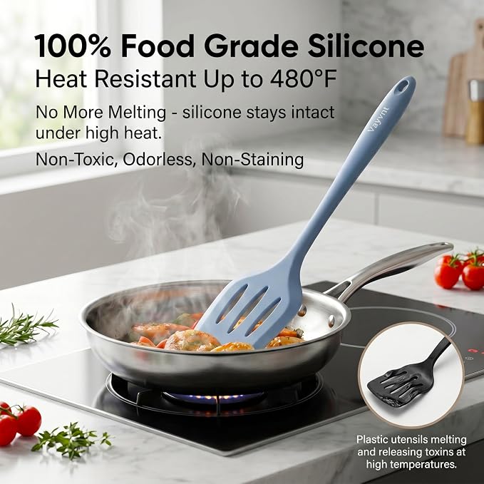 Vayvnt Silicone Cooking Utensil Set, 10PCS Utensils for Non Stick Pan, Blue | Heat Resistant 480℉, One-piece Design, Food Grade, Non Toxic Silicone Kitchen Utensils, Easy Cleaning, Dishwasher Safe