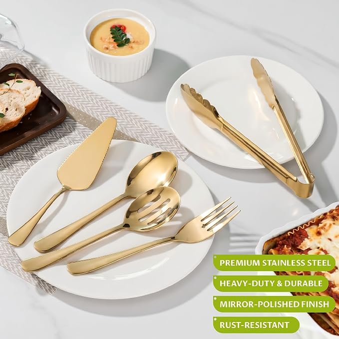 11PCS Stainless Steel Gold Serving Utensils, 8.7''Serving Spoons,8.7''Slotted Spoons, Serving Fork, 9'' Serving Tongs,Cake Server,Hostess Serving Set for Chafing Dish Buffet Catering Parties