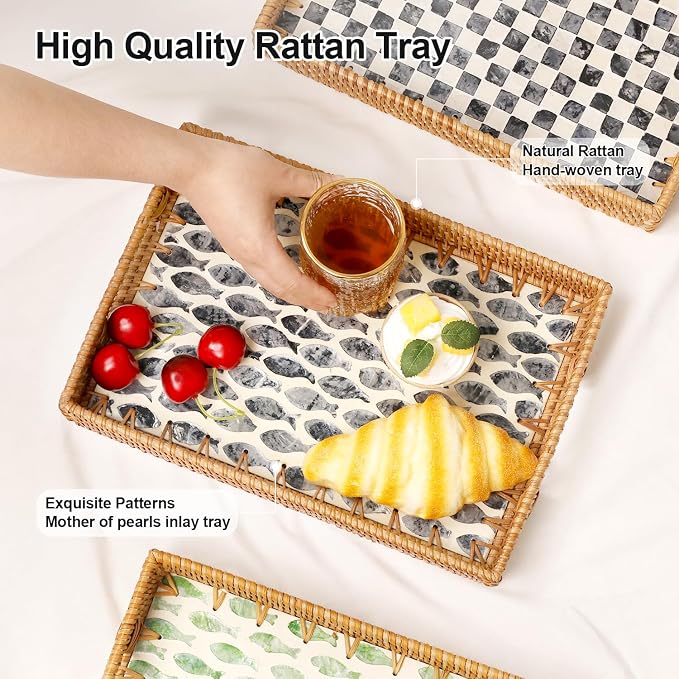 Rectangle Rattan Tray with Mother of Pearl Inlay, Rattan Serving Tray with Handle for Coffee, Bread, Fruits, Snacks, Decorative Wicker Tray for Table Decor (Rectangle Black Fish, 13"×9")