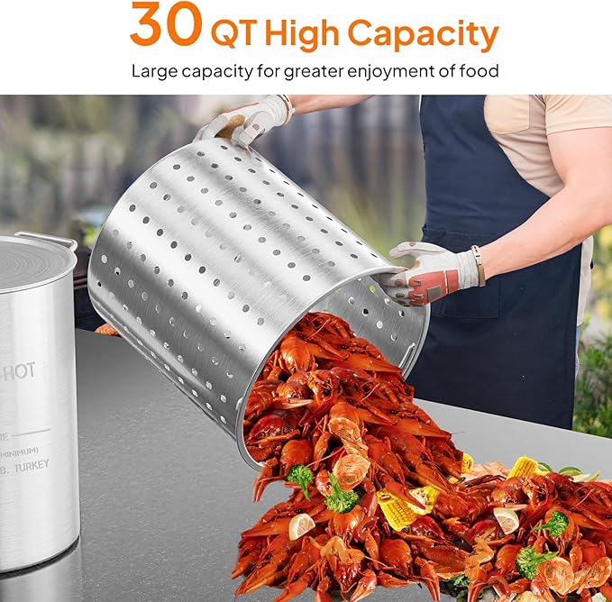 Bonnlo 30QT Aluminum Stock Pot for Boiling Seafood, Crawfish & Crab, Frying Turkey & Steaming Tamales, Large Boil Pot with Strainer Basket, Lid, Lifting Hook & Steamer Rack for Outdoor Cooking