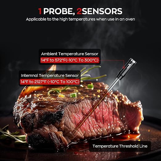 Smart Wireless Meat Thermometer with Dual Probes, Bluetooth & WiFi Combo, Remote Monitoring & Smart Alerts for BBQ, Grill, Smoker, Oven, Air Fryer