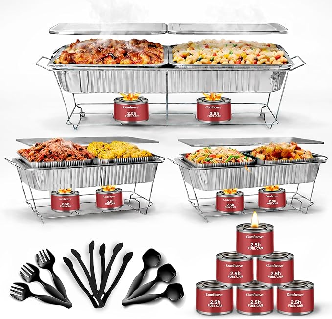 Disposable Chafing Dish Buffet Set, 33 Piece of Chafing Servers with Food Warmers, Covers, Full-Size Food Pans, Water Trays, Serving Utensils, Foil Lids and 2.5Hr Fuel Cans for Parties, Catering