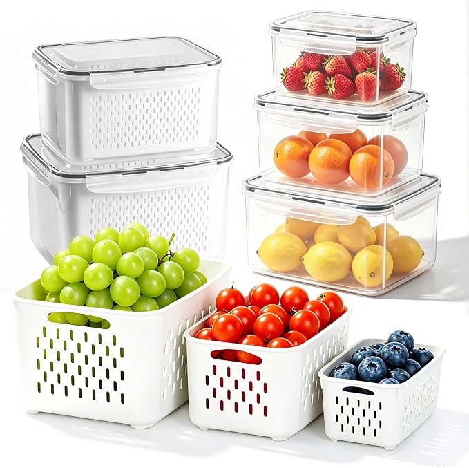 5 Pack Fruit Storage Containers for Fridge,Produce Container for Fridge with Removable Colanders,Leakproof Refrigerator Organizers and Storage for Produce Berry Vegetable Salad Meat Food Keep Fresh