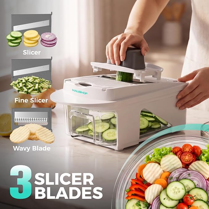 HAUSHOF All-in-1 Vegetable Chopper and Mandoline Slicer,13 Blades | Veggie Chopper and Spiralizer for Kitchen ,Dicer and Grater, Kitchen Prep Tool with Slide-Out Tray Container & Safety Holder