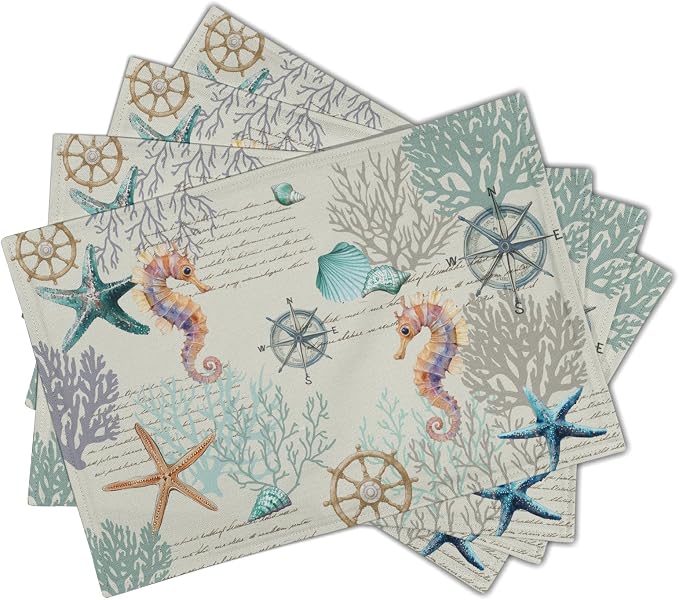 Nautical Placemats Set of 4 Starfish Sea Shell Beach Theme Ocean Coral Washable Non-Slip Heat Resistant 12×18 Inch Seasonal Summer Linen Fabric Table Mat for Party Kitchen Dining