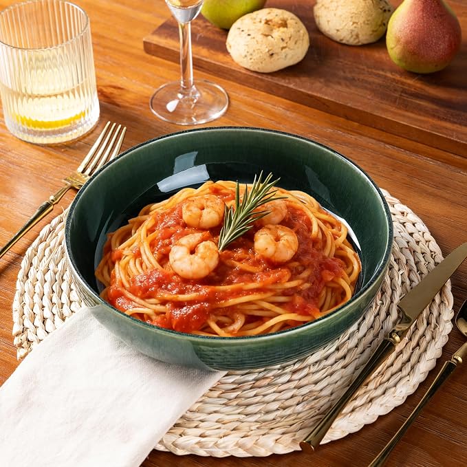 GBhome 8.75'' Large Ceramic Pasta Bowls, 38oz Stoneware Pasta Serving Bowls Set of 4 for Kitchen, Wide Bowls for Fruit,Pasta,Salad,Oatmeal,Meal, Microwave Safe, Reactive Glaze-Earth Green