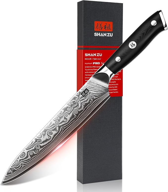 SHAN ZU Damascus Chef Knife,Utility Knife 6 In Japanese Steel Kitchen Knife | 67 Layers Professional High Carbon Super Steel Kitchen Knives with Ergonomic G10 Handle