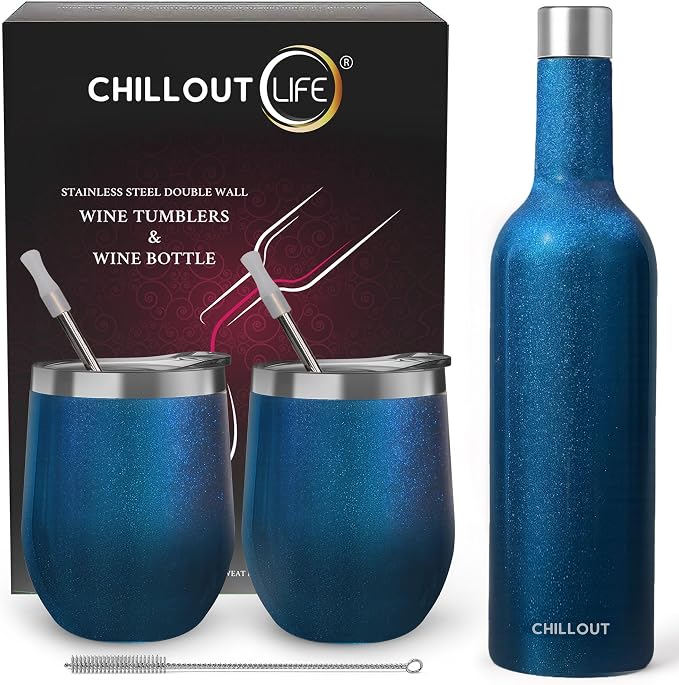 CHILLOUT LIFE 12 oz Stainless Steel Wine Tumblers 2 Pack & 1 Insulated Wine Bottle - Double Wall Vacuum Insulated Wine Glasses Cups with Lids and Straws Set Keeping Cold & Hot Gift Set