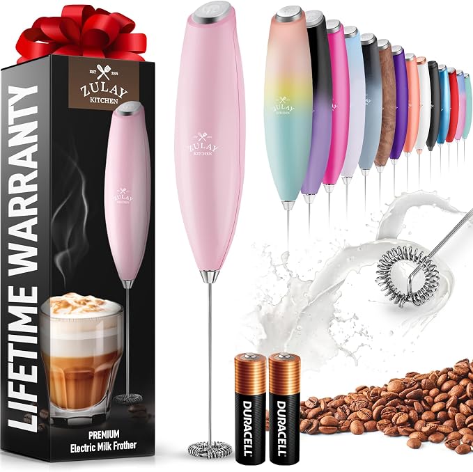 Zulay Powerful Milk Frother for Coffee with Upgraded Titanium Motor - Handheld Electric Whisk, Milk Foamer, Mini Mixer & Coffee Blender for Frappe, Latte, Matcha, No Stand - Cotton Candy