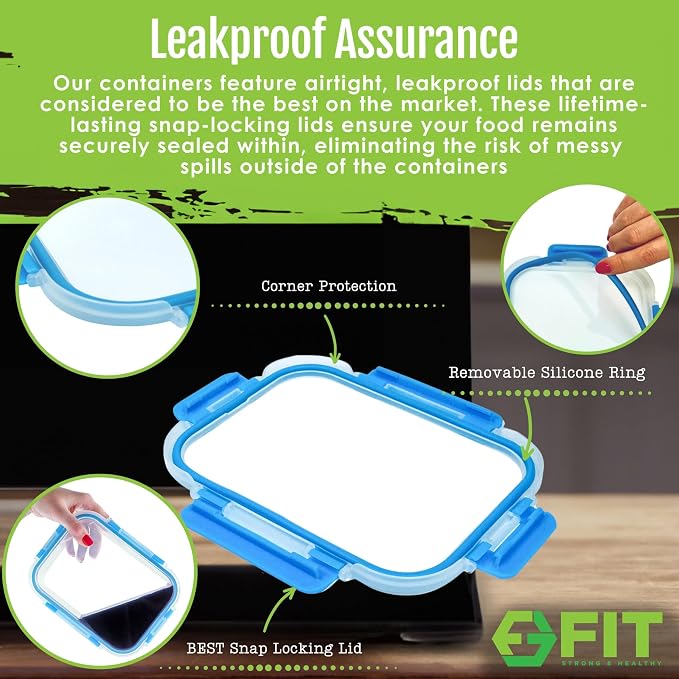 Glass Meal Prep Containers 3 Compartment, 3 Pack 32 oz Leakproof Lids Blue | Glass Bento Box for Portion Control, Airtight Snap-Lock, BPA-Free, Microwave Oven Freezer Dishwasher Safe Lunch Containers