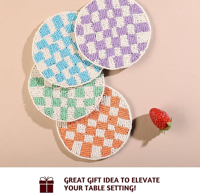 Folkulture Coaster for Drinks | (4") Pack of 4 Multicolor Boho Coasters | Cute Round Boho Coaster | Beaded Drink Coasters for Coffee Table Decor | Round, Beaded, Hand Wash Only