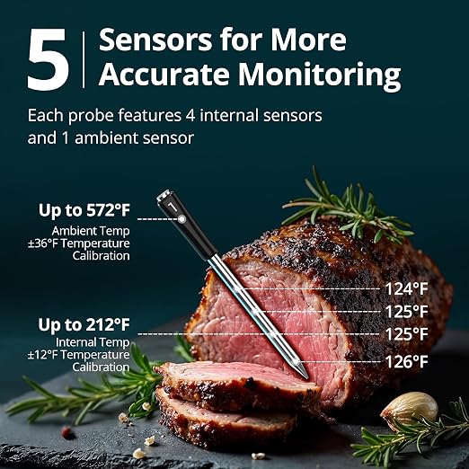 Wireless Meat Thermometer with WiFi 5G & Bluetooth 5.4, Smart Meat Thermometer for BBQ、Oven, Food Thermometer Digital with 4 Probes & 5 Sensors, NIST Accuracy, Apple Watch Alerts, 25H Use, Waterproof
